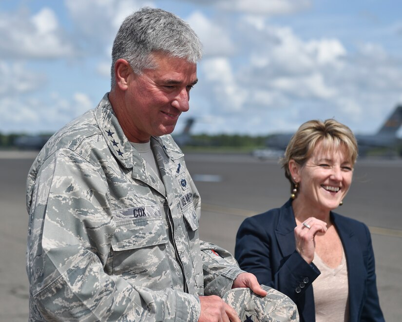 U.S. Air Force Lt. Gen. Sam Cox, 18th Air Force commander, accompanied by his wife, Tammy, arrive at Joint Base Charleston, South Carolina Sept. 27, 2016. Cox and his wife were visiting Joint Base Charleston to meet the Airmen of the 437th Airlift Wing and convey to them the importance of the work they do every day. As Air Mobility Command’s sole warfighting numbered air force, 18th Air Force is responsible for the command’s worldwide operational mission of providing rapid, global mobility and sustainment for America’s armed forces through airlift, aerial refueling, aeromedical evacuation, and contingency response.