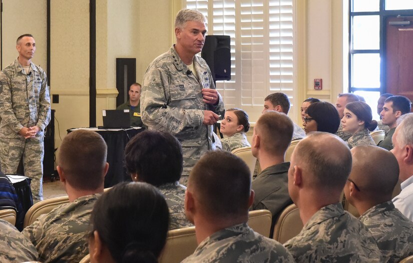 U.S. Air Force Lt. Gen. Cox, 18th Air Force commander, and Chief Master Sgt. Todd Petzel, 18th AF command chief, held an all call for the 437th Airlift Wing at the Charleston Club Sept. 30, 2016, at Joint Base Charleston, South Carolina, to meet and thank Airmen for their valuable contributions to the 18th AF mission. Cox also discussed the advantages of diversity and emphasized the importance of maintaining a positive approach to life.