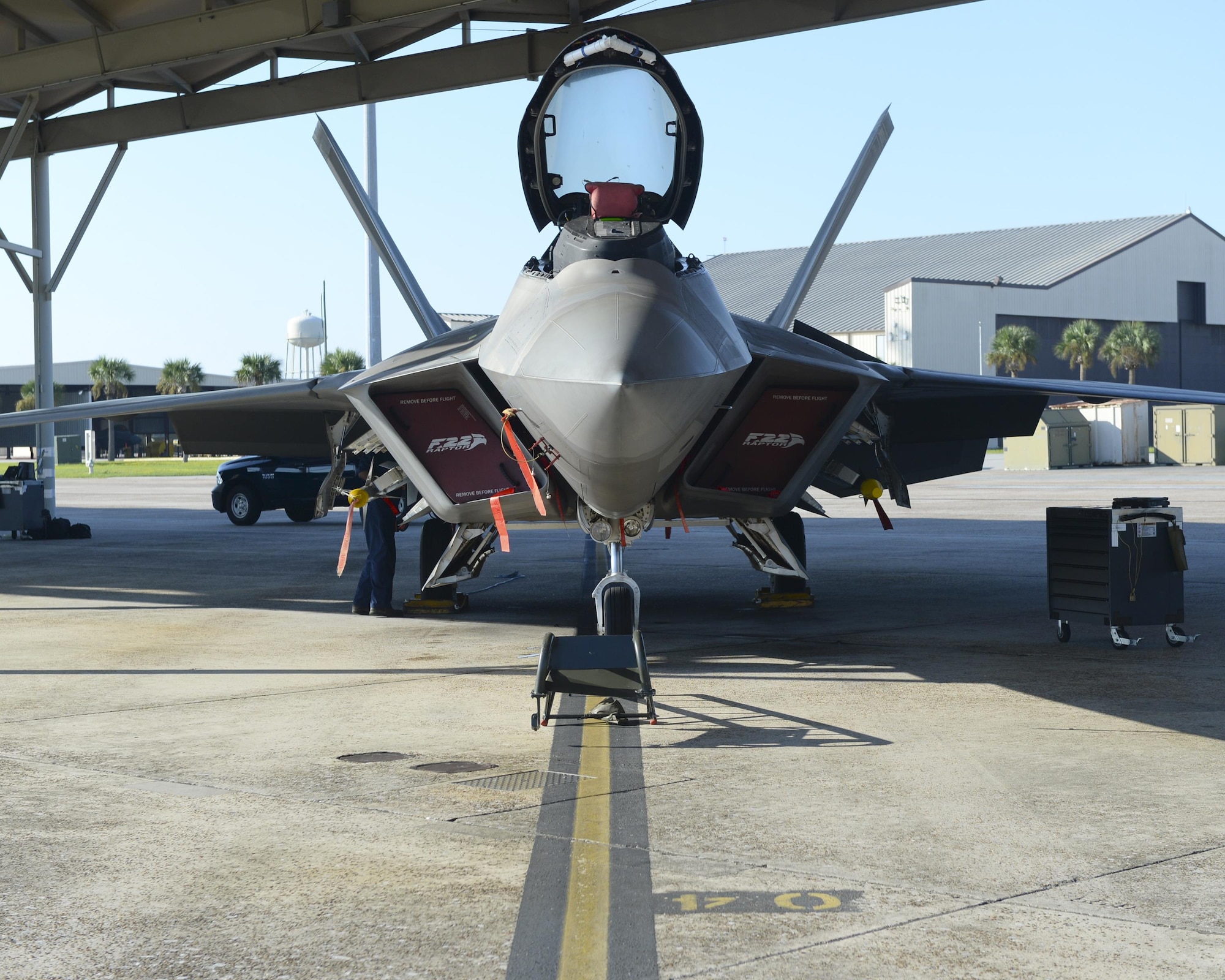 An F-22 Raptor is prepped for take-off by maintainers from the 44th Fighter Group on the flight line at Tyndall Air Force Base, Fla., Sept. 10, 2016. The unit accomplishes their mission of projecting unrivaled air combat power through Total Force Integration; most of the Airmen in the 44th FG are reservists who support their active duty counterparts in the 95th Fighter Squadron. (U.S. Air Force photo by Airman 1st Class Cody R. Miller/Released)