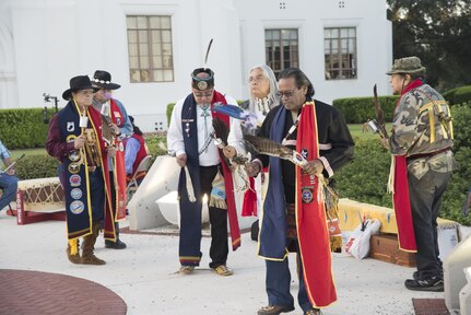 Active-duty members, veterans and civilians from Texas and members of the Traditional
American Indian Society Honor Guard perform a gourd dance, a traditional American
Indian ceremony in which the ground the dance is held on is blessed, Sept. 30 at Joint
Base San Antonio-Randolph. The event was hosted by the JBSA-Randolph Native
American Heritage Committee and gets its name from the special rattles used by the
dancers, which were originally made of gourd, a hard-shelled fruit found in plants.