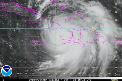 According to the National Oceanographic and Atmospheric Administration’s National Hurricane Center in Miami, Hurricane Matthew is centered about 30 nautical miles south of Tiburon, Haiti, and about 78 nautical miles south of the eastern tip of Cuba, moving north at more than 10 miles an hour. The storm’s maximum sustained winds have been measured at 145 miles an hour, NOAA says. The eye of Hurricane Matthew is expected to hit far-eastern Cuba later Oct. 4, NHC forecasters say, and hurricane models show the hurricane moving along or just off the east coast of Florida and further north along the coast, NOAA says, possibly as far as Massachusetts by Sunday morning, Oct. 9. NOAA graphic