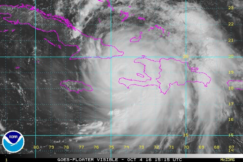 According to the National Oceanographic and Atmospheric Administration’s National Hurricane Center in Miami, Hurricane Matthew is centered about 30 nautical miles south of Tiburon, Haiti, and about 78 nautical miles south of the eastern tip of Cuba, moving north at more than 10 miles an hour. The storm’s maximum sustained winds have been measured at 145 miles an hour, NOAA says. The eye of Hurricane Matthew is expected to hit far-eastern Cuba later Oct. 4, NHC forecasters say, and hurricane models show the hurricane moving along or just off the east coast of Florida and further north along the coast, NOAA says, possibly as far as Massachusetts by Sunday morning, Oct. 9. NOAA graphic