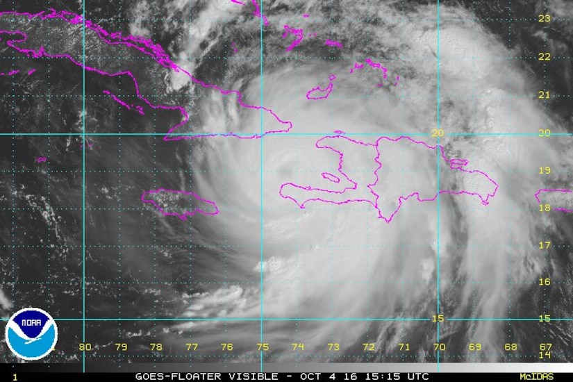 According to the National Oceanographic and Atmospheric Administration’s National Hurricane Center in Miami, Hurricane Matthew is centered about 30 nautical miles south of Tiburon, Haiti, and about 78 nautical miles south of the eastern tip of Cuba, moving north at more than 10 miles an hour. The storm’s maximum sustained winds have been measured at 145 miles an hour, NOAA says. The eye of Hurricane Matthew is expected to hit far-eastern Cuba later Oct. 4, NHC forecasters say, and hurricane models show the hurricane moving along or just off the east coast of Florida and further north along the coast, NOAA says, possibly as far as Massachusetts by Sunday morning, Oct. 9. NOAA graphic