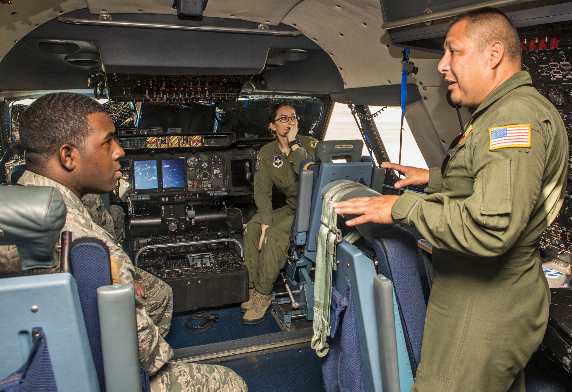 Master Sgt. Dave Delgado, 356th Airlift Squadron formal training unit instructor, explains the lift capabilities of the C-5M Super Galaxy aircraft to Airmen with the 359th Aerospace Medicine Squadron Sept. 29, 2016 at Joint Base San Antonio-Lackland, Texas. Airmen from the aerospace and operational physiology flight received a Survival Evasion Resistance and Escape briefing followed by a tour of a C-5M Super Galaxy aircraft. They were also given an aircrew flight equipment demonstration at the 433rd Operations Support Squadron.  (U.S. Air Force photo by Benjamin Faske)