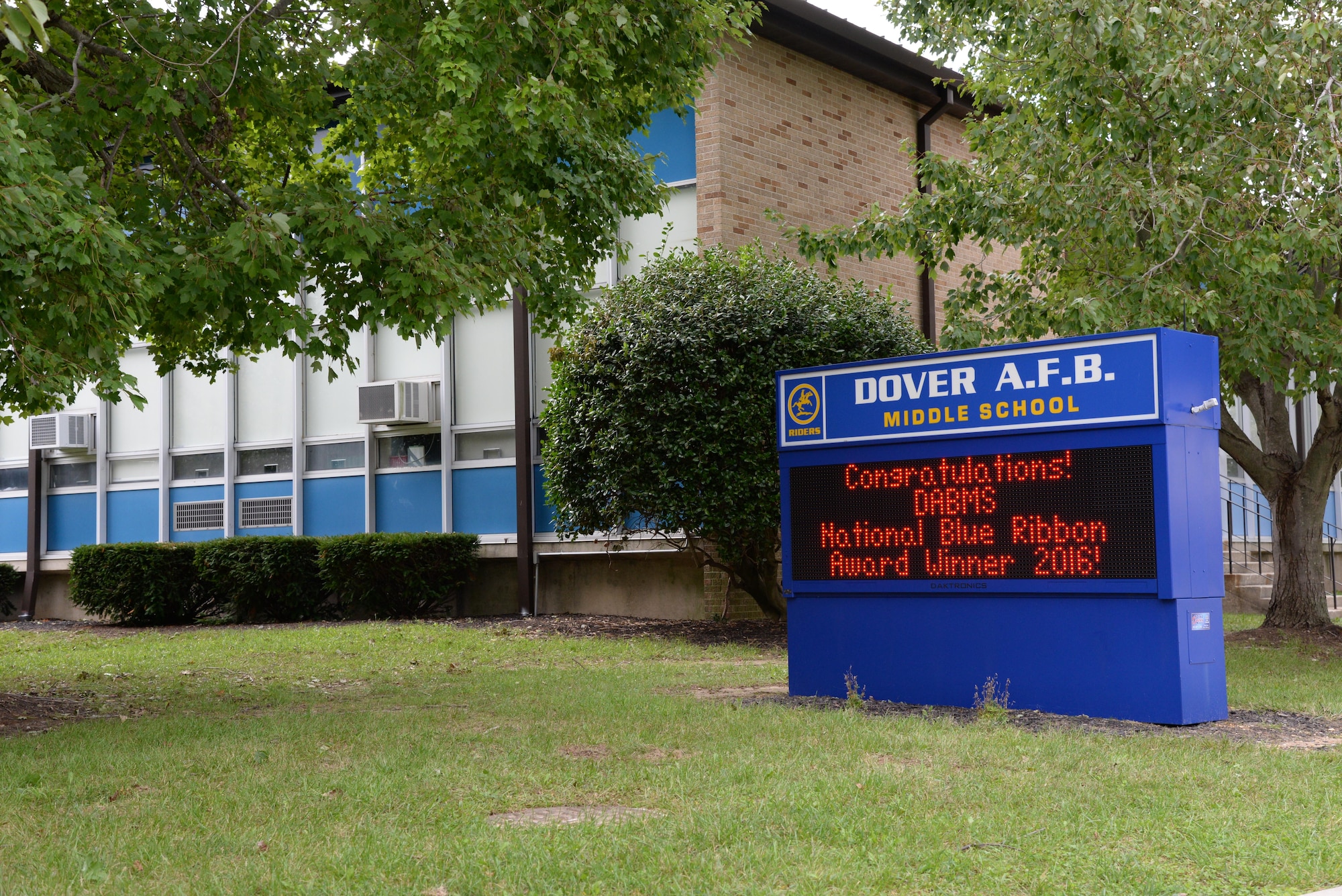 A sign commemorates the recognition of Dover Air Force Base Middle School as a National Blue Ribbon School Oct. 4, 2016, outside the DAFB Middle School on Dover AFB, Del. Each year, the U.S. secretary of education selects the top schools in the nation to receive the award. (U.S. Air Force photo by Senior Airman Aaron J. Jenne)