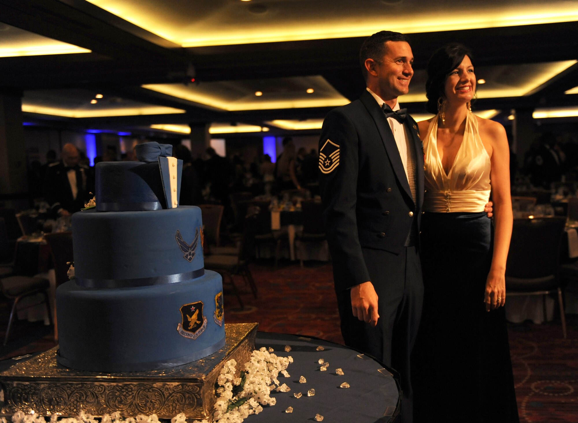 Master Sgt. Jason Burdett, 81st Comptroller Squadron first sergeant, and his wife, Stephanie, pose for a photo during the Keesler Air Force Ball at the Imperial Palace Casino Sept. 24, 2016, Biloxi, Miss. The event was sponsored by the Air Force Association John C. Stennis Chapter #332 to celebrate the Air Force’s 69th birthday and the base’s 75th anniversary. (U.S. Air Force photo by Kemberly Groue/Released)