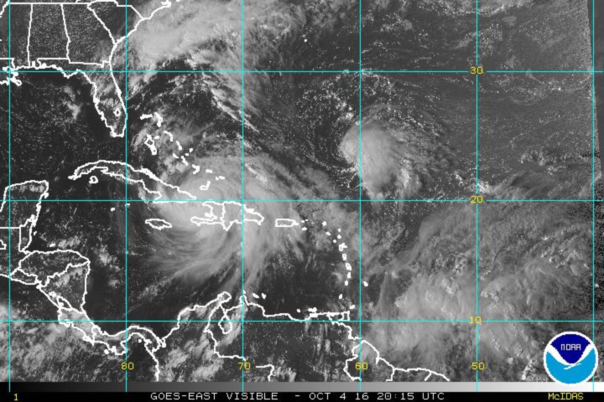 Current satellite imagery as of Oct. 4, 2016. We encourage you to continue to monitor the following: 
http://www.patrick.af.mil/Units/Hurricane-Information
https://www.facebook.com/45thSpaceWing/
https://www.twitter.com/45thSpaceWing
Local television and radio stations 
(Photo/Courtesy NOAA)
