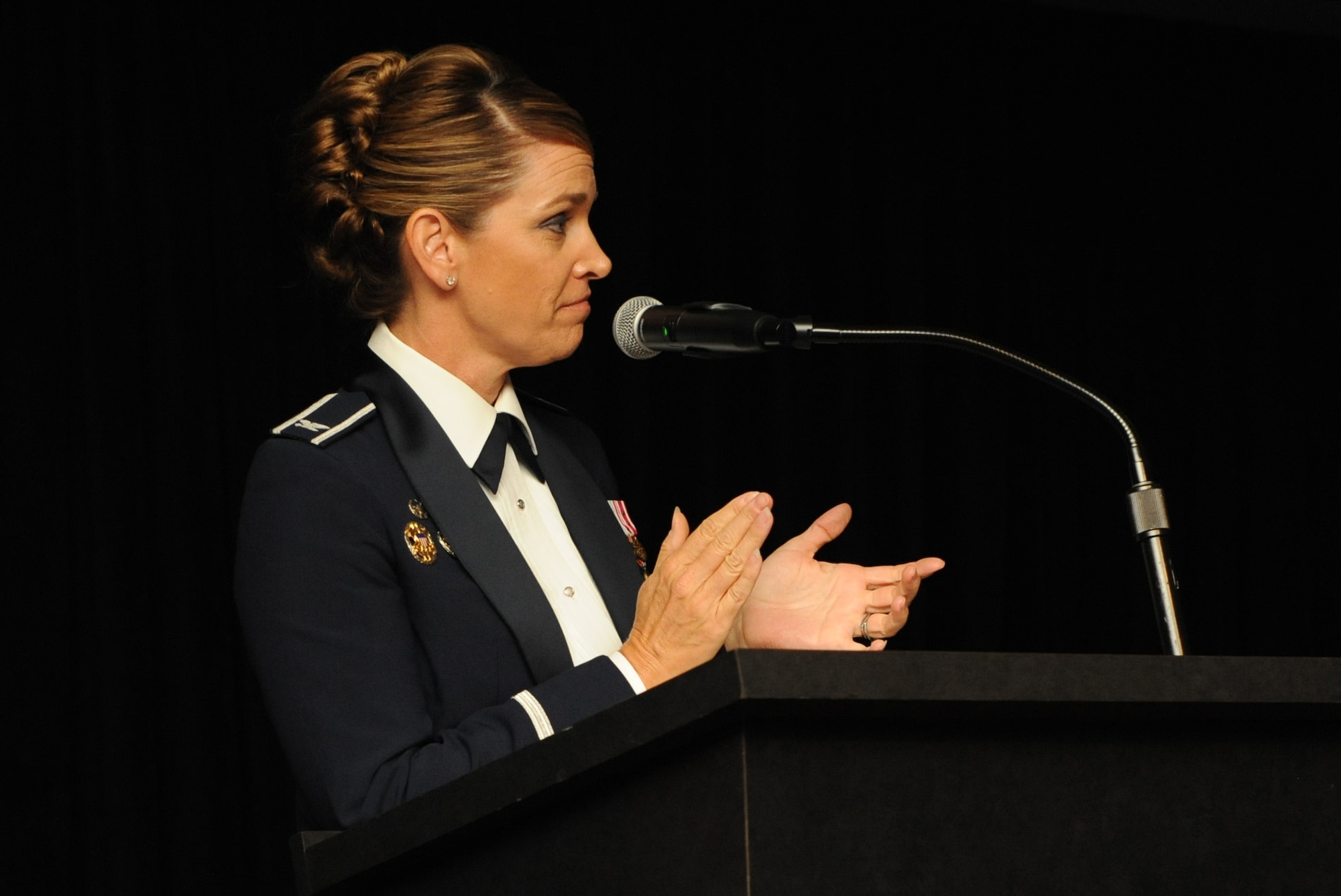 Col. Michele Edmondson, 81st Training Wing commander, delivers closing remarks during the Keesler Air Force Ball at the Imperial Palace Casino Sept. 24, 2016, Biloxi, Miss. The event was sponsored by the Air Force Association John C. Stennis Chapter #332 to celebrate the Air Force’s 69th birthday and the base’s 75th anniversary. (U.S. Air Force photo by Kemberly Groue/Released)