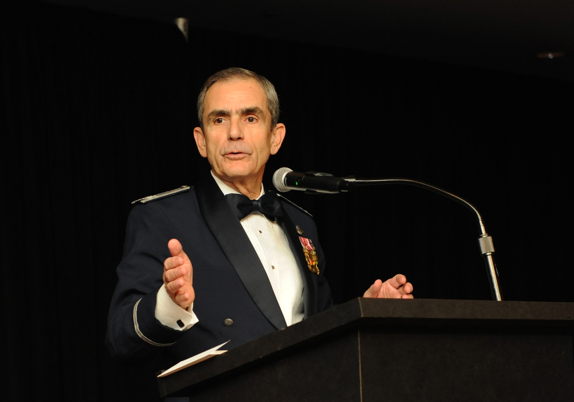 Retired Col. Leon Ellis delivers gives remarks as the guest speaker during the Keesler Air Force Ball at the Imperial Palace Casino Sept. 24, 2016, Biloxi, Miss. The event was sponsored by the Air Force Association John C. Stennis Chapter #332 to celebrate the Air Force’s 69th birthday and the base’s 75th anniversary. Ellis served in the Air Force for 25 years and is a Purple Heart recipient. (U.S. Air Force photo by Kemberly Groue/Released)