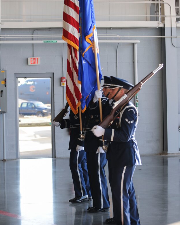 Honor Guard members participate in the Eighth Air Force change of command ceremony at Barksdale Air Force Base, La., Oct. 4, 2016. U.S. Maj. Gen. Richard Clark relinquished command to Maj. Gen. Thomas Bussiere before departing base to assume command of Third Air Force in Germany. (U.S. Air Force photo by Airman 1st Class Stuart Bright)