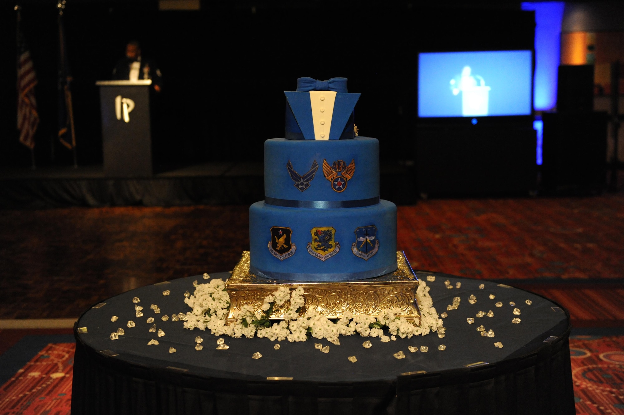 A birthday cake sits on display during the Keesler Air Force Ball at the Imperial Palace Casino Sept. 24, 2016, Biloxi, Miss. The event was sponsored by the Air Force Association John C. Stennis Chapter #332 to celebrate the Air Force’s 69th birthday and the base’s 75th anniversary. (U.S. Air Force photo by Kemberly Groue/Released)