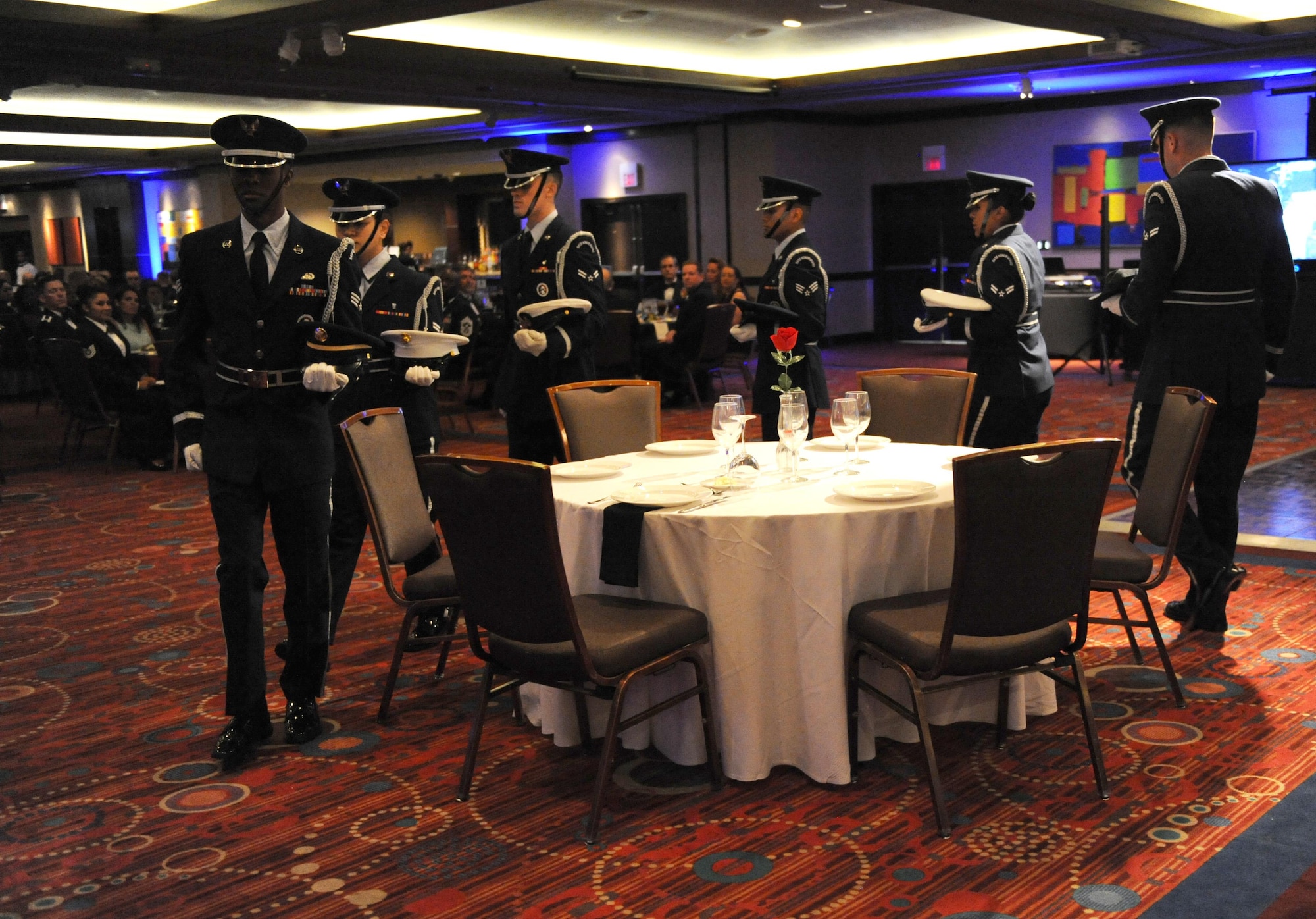 Members of the Keesler Air Force Base Honor Guard perform a POW/MIA table ceremony during the Keesler Air Force Ball at the Imperial Palace Casino Sept. 24, 2016, Biloxi, Miss. The event was sponsored by the Air Force Association John C. Stennis Chapter #332 to celebrate the Air Force’s 69th birthday and the base’s 75th anniversary. (U.S. Air Force photo by Kemberly Groue/Released)