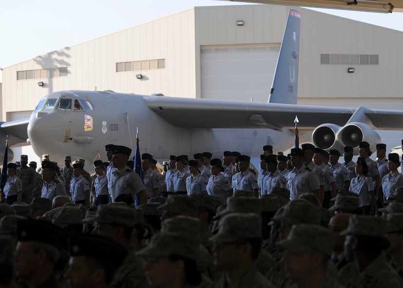 Masses of bomber Airmen gather at the weapons load trainer at Barksdale Air Force Base, La., for the Eighth Air Force change of command ceremony Oct. 4, 2016. Bomber Airmen include aircrews and support personnel for the B-1 Lancer, B-2 Spirit and B-52 Stratofortress (pictured above). (U.S. Air Force photo by Airman 1st Class Stuart Bright)