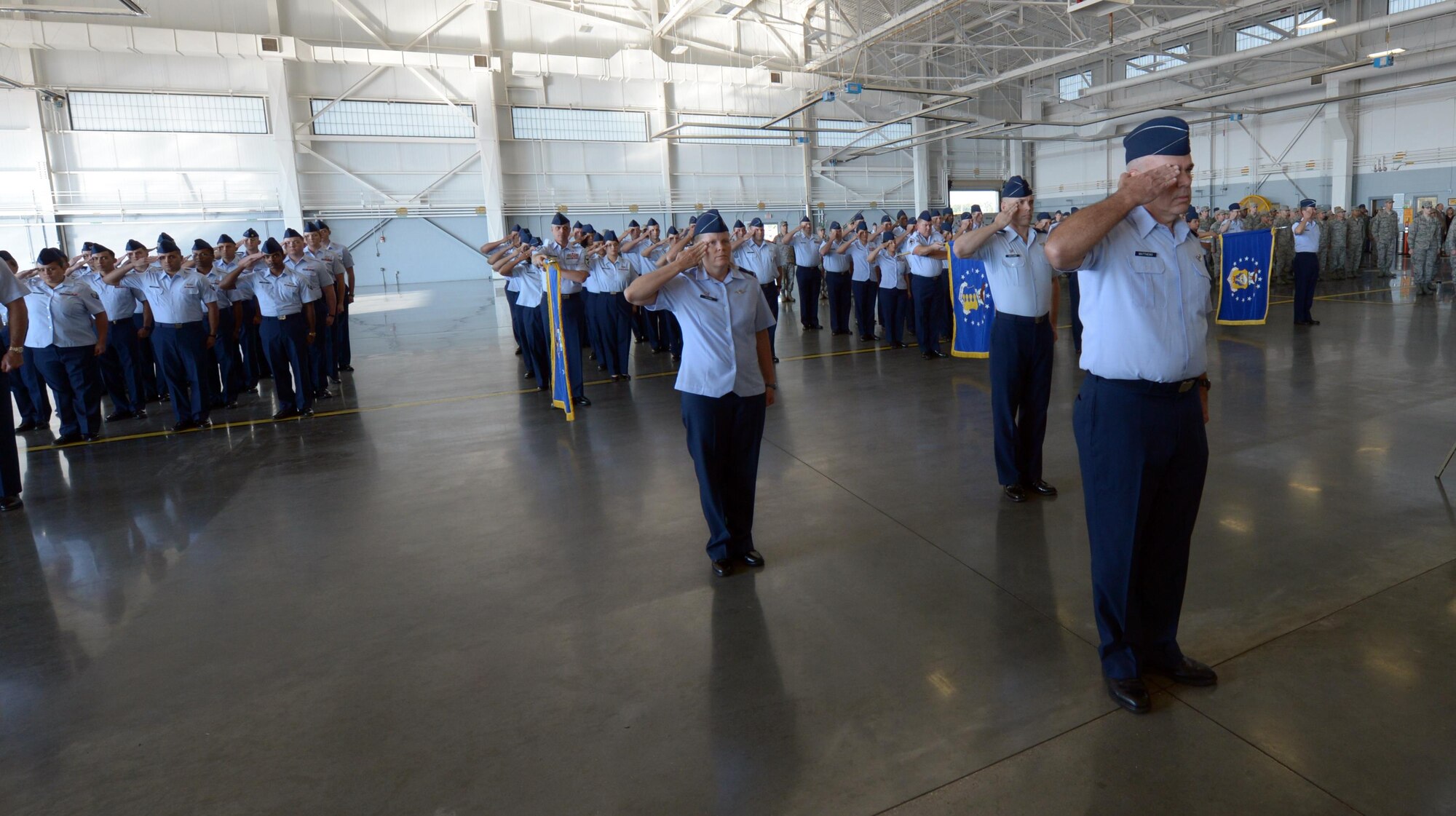 U.S. Air Force Col. Patrick Matthews, far right, Eighth Air Force vice commander, leads a five-group formation during a salute to the new commander at a change of command ceremony at Barksdale Air Force Base, La., Oct. 4, 2016. The five formations represented the five bomber wings under the organization. The Mighty Eighth encompasses all nuclear-capable and conventional bombers to include the B-1, B-52 and B-2. (U.S. Air Force photo by Senior Airman Curtis Beach) 