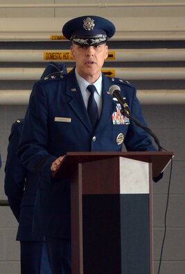 U.S. Air Force Maj. Gen. Thomas Bussiere delivers his acceptance speech to a group of local and state civic leaders and bomber Airmen during the Eighth Air Force change of command ceremony at Barksdale Air Force Base, La., Oct. 4, 2016. As the Eighth Air Force commander, Bussiere is responsible for more than 20,000 Airmen and all of the Service's nuclear-capable and conventional bombers. (U.S. Air Force photo by Senior Airman Curtis Beach)
