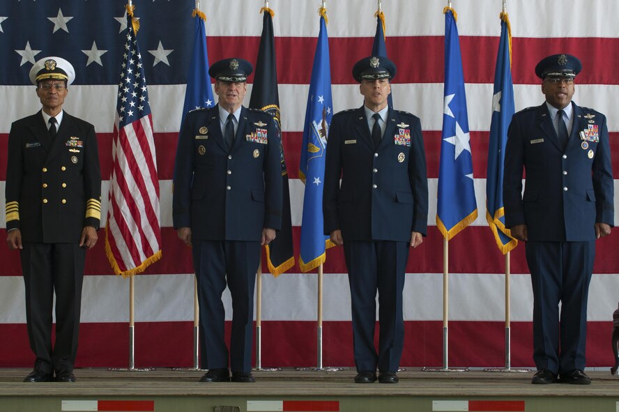 From left, U.S. Navy Admiral Cecil Haney, commander of U.S. Strategic Command, U.S. Air Force Gen. Robin Rand, commander of Air Force Global Strike Command, Maj. Gen. Thomas Bussiere, incoming Eighth Air Force/Task Force 204/Joint Force Component Command for Global Strike commander, and Maj. Gen. Richard Clark, exiting 8AF, JFCC-GS, TF204 commander, stand during a change of command ceremony at Barksdale AFB, La., Oct. 4.