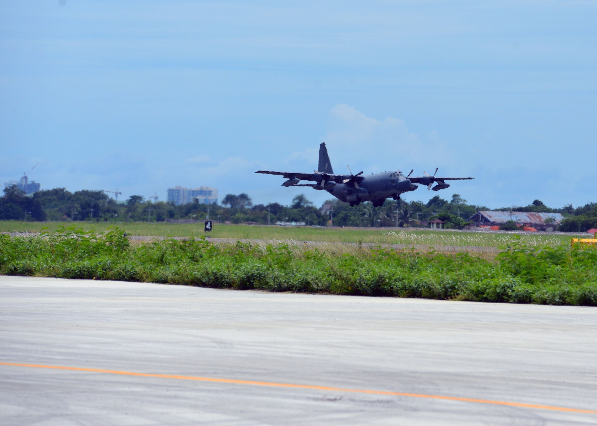 A Philippine Air Force MC130-P aircraft takes off during a mass casualty response exercise, during the U.S. Air Contingent at Brigadier General Benito N Ebuen Air Base, Philippines, Sept. 29, 2016. During the exercise, civilian and military disaster response experts met together to exchange ideas and best practices, helping build the capacity of the Philippine Air Force. (U.S. Air Force photo by Capt. Mark Lazane)