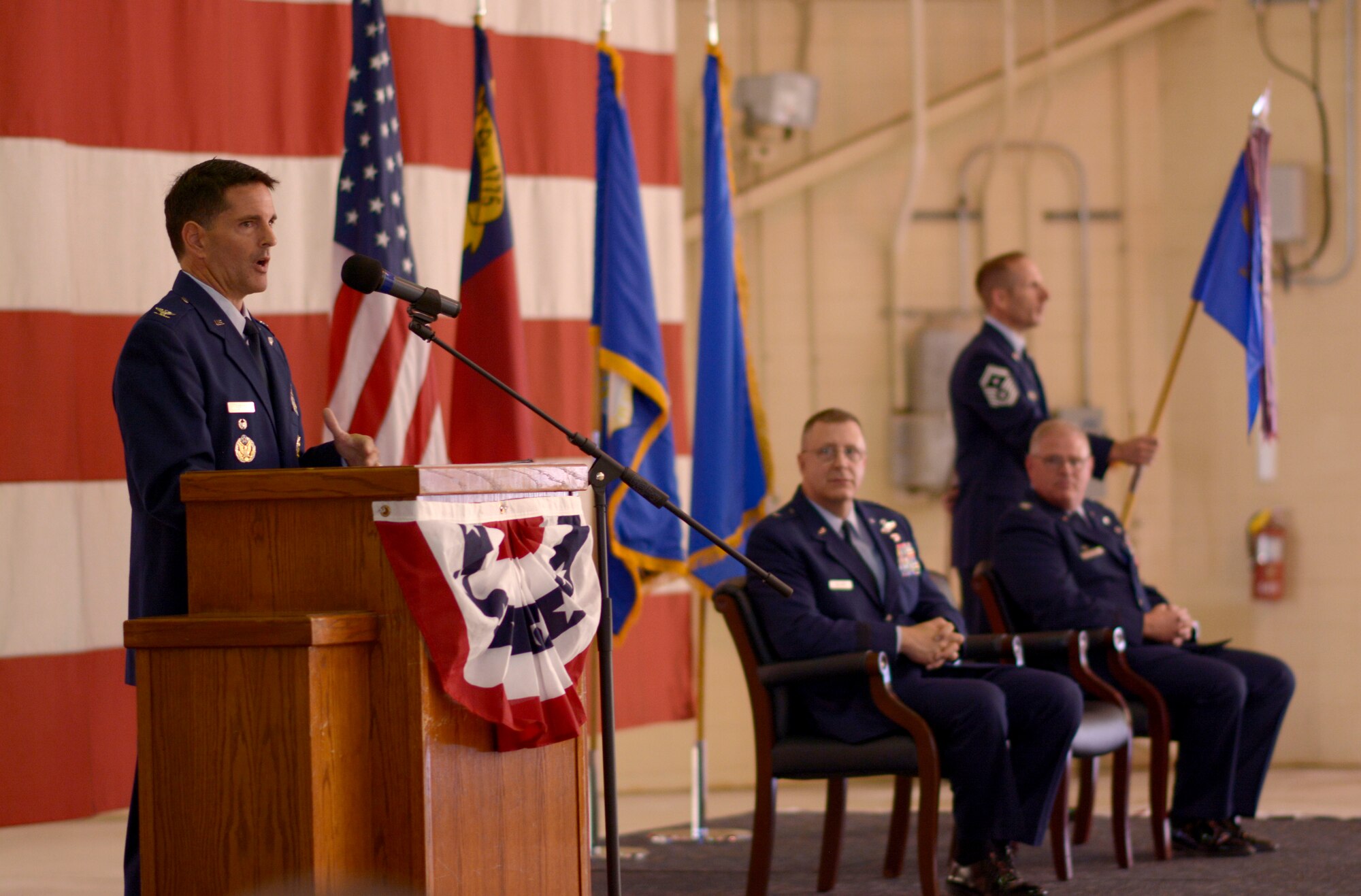 U.S. Air Force Col. Michael Troy Gerock, commander of the 145th Airlift Wing, introduces himself to Airmen of the North Carolina Air National Guard (NCANG) during a change of command ceremony held at the NCANG Base, Charlotte Douglas International Airport, Oct. 1, 2016. (U.S. Air National Guard photo by Staff Sgt. Laura J. Montgomery)