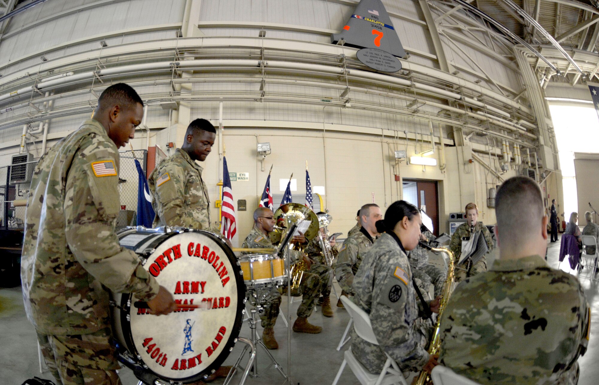 The 440th North Carolina Army National Guard Band perform various ceremonious pieces during a change of command ceremony held at the North Carolina Air National Guard Base, Charlotte Douglas International Airport, Oct. 1, 2016. (U.S. Air National Guard photo by Staff Sgt. Laura J. Montgomery)