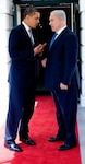 President Barack Obama talks with Israeli Prime Minister Benjamin Netanyahu outside the South Portico following their meetings at the White House Monday, May 18, 2009
