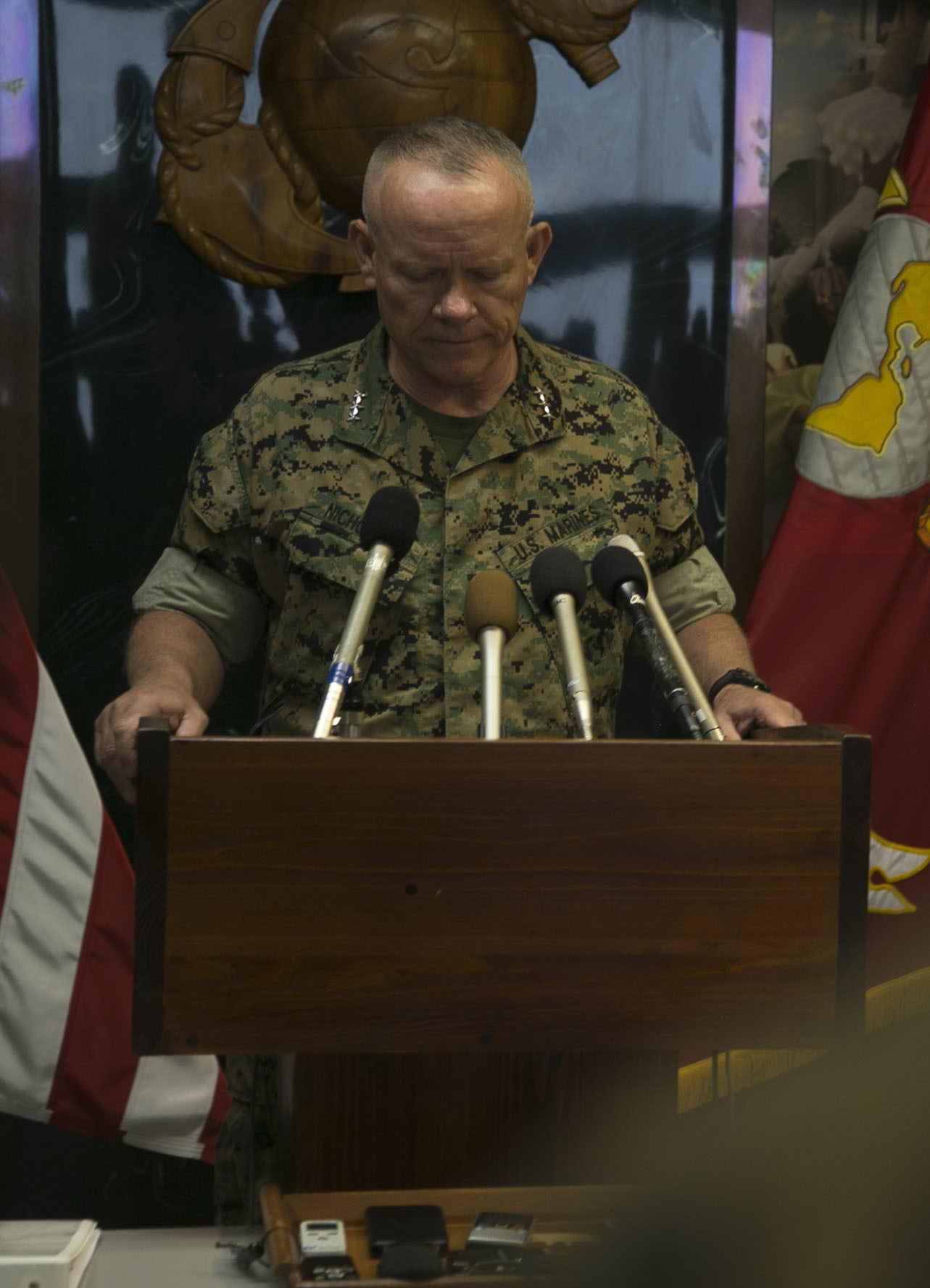 Lt. Gen. Lawrence D. Nicholson announces the resumption of AV-8B Harrier flight operations in Japan during a press conference Oct. 5, 2016 on Camp Foster, Okinawa, Japan following a Harrier mishap that occurred approximately 115 nautical miles off the coast of Okinawa, Sept. 22. III Marine Expeditionary Force directed an operational pause following the incident.  Squadrons and maintenance personnel reviewed their standard operating procedures, safety of flight procedures, technical procedures, inspecting material readiness and host of other activities during the pause in operations. It was determined that all squadron aircraft have been found safe to resume flights, Oct. 7.  Nicholson, from Toronto, Canada, is the Okinawa Area Coordinator and commanding general for III MEF. (U.S. Marine Corps photo by Cpl. Douglas D. Simons /Released)