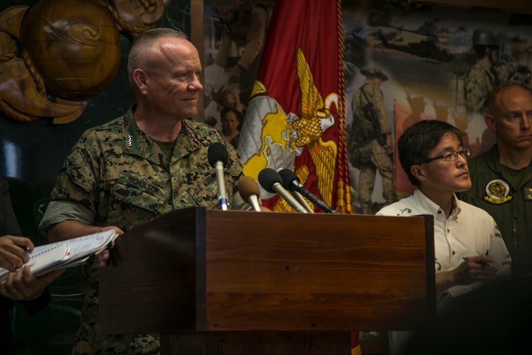 Lt. Gen. Lawrence D. Nicholson announces the resumption of AV-8B Harrier flight operations in Japan during a press conference Oct. 5, 2016 on Camp Foster, Okinawa, Japan following a Harrier mishap that occurred approximately 115 nautical miles off the coast of Okinawa, Sept. 22. III Marine Expeditionary Force directed an operational pause following the incident.  Squadrons and maintenance personnel reviewed their standard operating procedures, safety of flight procedures, technical procedures, inspecting material readiness and host of other activities during the pause in operations. It was determined that all squadron aircraft have been found safe to resume flights, Oct. 7.  Nicholson, from Toronto, Canada, is the Okinawa Area Coordinator and commanding general for III MEF. (U.S. Marine Corps photo by Cpl. Douglas D. Simons /Released)