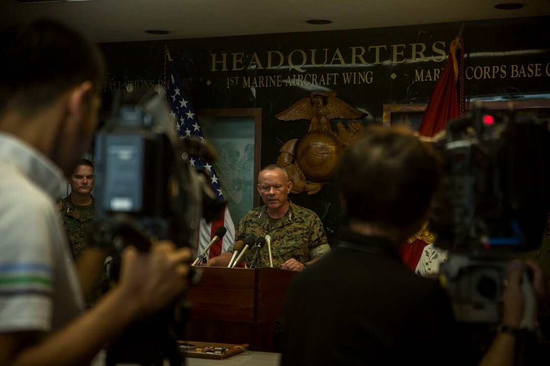 Lt. Gen. Lawrence D. Nicholson announces the resumption of AV-8B Harrier flight operations in Japan during a press conference Oct. 5, 2016 on Camp Foster, Okinawa, Japan following a Harrier mishap that occurred approximately 115 nautical miles off the coast of Okinawa, Sept. 22. III Marine Expeditionary Force directed an operational pause following the incident.  Squadrons and maintenance personnel reviewed their standard operating procedures, safety of flight procedures, technical procedures, inspecting material readiness and host of other activities during the pause in operations. It was determined that all squadron aircraft have been found safe to resume flights, Oct. 7.  Nicholson, from Toronto, Canada, is the Okinawa Area Coordinator and commanding general for III MEF. (U.S. Marine Corps photo by Lance Cpl. Kelsey Dornfeld /Released)