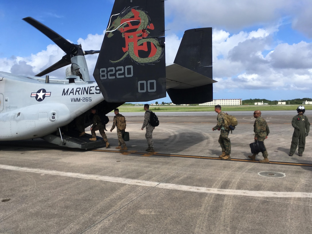 Members of the Joint Humanitarian Assistance Survey Team (JHAST) board an MV-22 Osprey during Philippine Amphibious Landing Exercise 33 (PHIBLEX). PHIBLEX is an annual U.S.-Philippine military bilateral exercise which combines amphibious capabilities and live-fire training with humanitarian civic assistance efforts to strengthen interoperability and working relationships. (U.S. Marine Corps photo by Maj. Roger Hollenbeck/Released)