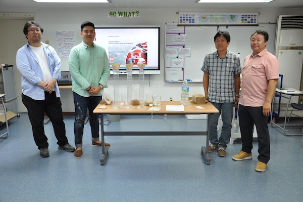 Yi, Song-pok, Steve Kim, Kwon, Ku-hyon and Choe, Ye-kwon, all of the Far East District's geotechnical section provided students of Seoul American Elementary School with a lesson in terrain analysis and soil permeability Sept. 30. Activities such as these are part of the district's science, technology, engineering and math (STEM) initiative throughout all DoDDS schools in the Republic of Korea.