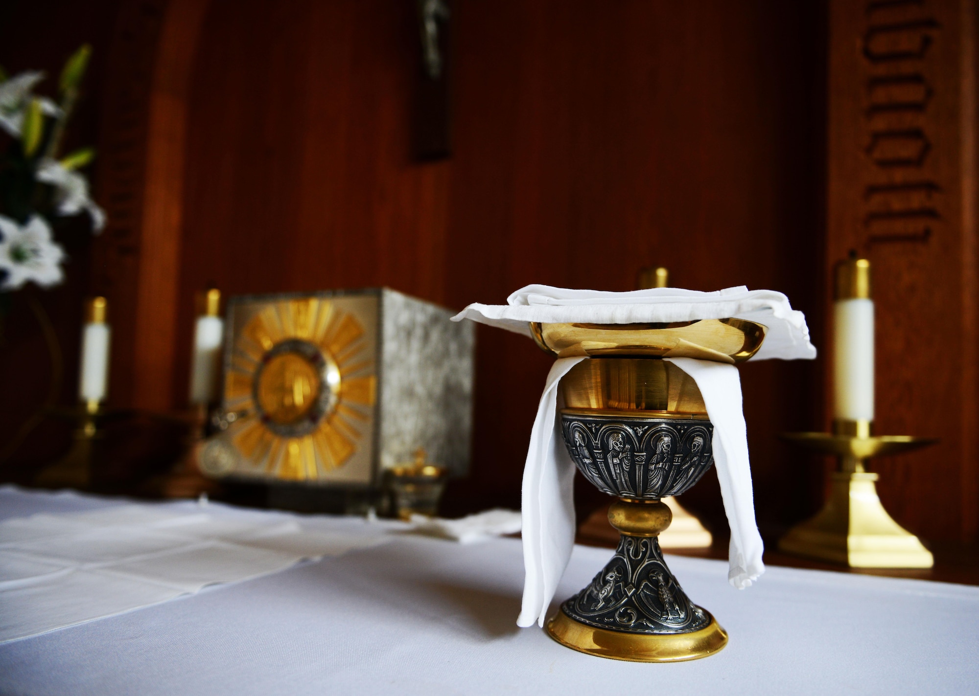 Communion elements for a Catholic mass rest on an altar at Ramstein Air Base, Germany, Sept. 30, 2016. The Ramstein chapel community provides religious services for a variety of faith groups. (U.S. Air Force photo/ Airman 1st Class Joshua Magbanua)