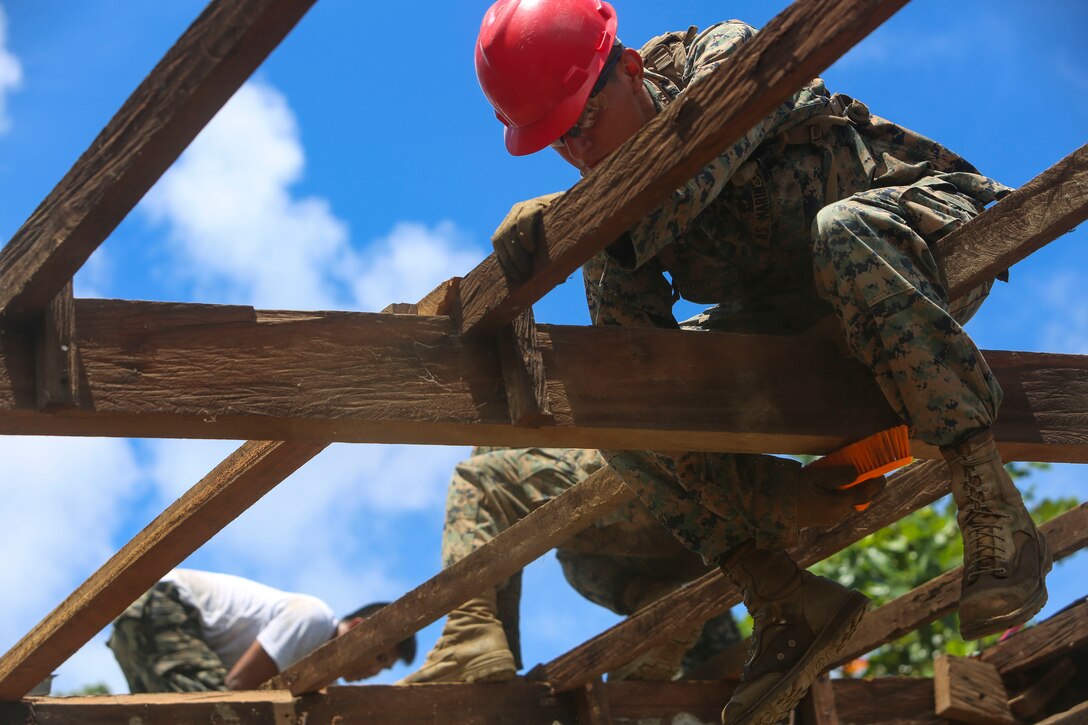 U.S. Marine Corps Lance Cpl. Eneas Mori participates in the engineering civic assistance project at the Palawig Elementary School during Philippine Amphibious Landing Exercise 33 (PHIBLEX) in Cagayan, Philippines, Sept. 24, 2016. PHIBLEX is an annual U.S.-Philippine military bilateral exercise which combines amphibious capabilities and live-fire training with humanitarian civic assistance efforts to strengthen interoperability and working relationships. (U.S. Marine Corps photo by Lance Cpl. Carl King)