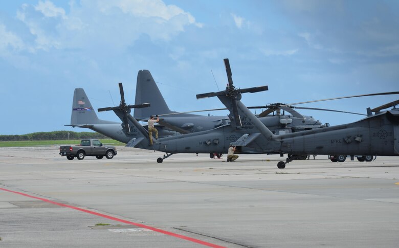Air Force Reservists from the 920th Rescue Wing, Patrick Air Force Base, Florida, are relocating the wing's rescue helicopters and fixed-wing aircraft in response to Hurricane Matthew’s projected path northeastward along Florida’s east coast. (U.S. Air Force photo/Maj. Cathleen Snow)