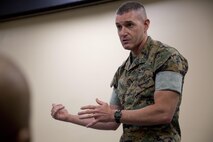 U.S. Marine Brig. Gen. Jason Q. Bohm, Commanding General, Training Command, addresses Marine Corps Combat Service Support Schools (MCCSSS) personnel during a scheduled visit onboard Camp Johnson, N.C., Sept. 8, 2016. Brig. Gen. Bohm visited MCCSSS to receive information concerning current school initiatives, operations and advocacy. (U.S. Marine Corps photo by Cpl. Andrew M. Kuppers)