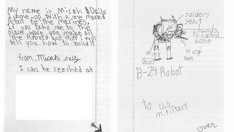 Micah Daily, a 9-year-old boy at the time, drew a photo of a robot and wrote a note addressed to Marine Corps Recruiting Command aboard Marine Corps Base Quantico, Va., in 2015. Capt. David P. Foley wrote and hand-delivered a note to Micah to attend the Modern Day Marine Military Exposition later that year, but could not because his grandmother became deathly ill. Foley extended the invitation to the next year, where Micah, his grandmother and his father attended the 2016 MDMME. Foley is the adjutant officer for MCRC.