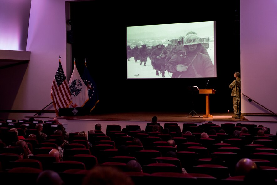 U.S. Army Chaplain (Maj.) Luis E. Lopez Colon, Joint Base Langley-Eustis resource manager, shows a video highlighting Hispanic Soldiers’ contributions during various wars at the 93d Signal Brigade’s Hispanic Heritage Month event in the Wylie Theater at Joint Base Langley-Eustis, Va., Sept. 22, 2016. The 2016 Hispanic Heritage Month theme is “Hispanic Americans: Embracing, Enriching, and Enabling America.” (U.S. Air Force photo by Staff Sgt. J.D. Strong II)