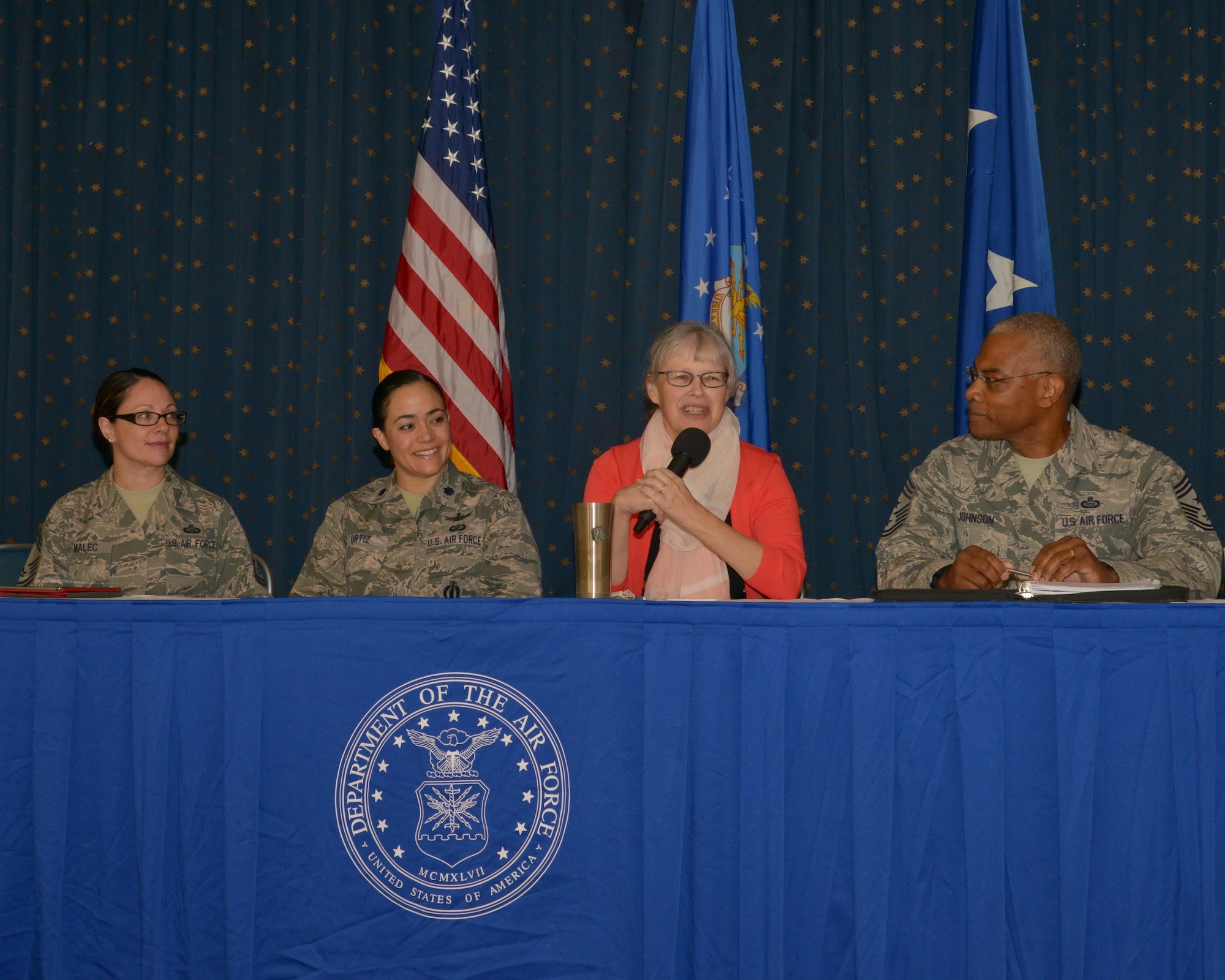 Stephanie O’Sullivan, Principal Deputy Director of National Intelligence, Lt. Col. Sylvette Ortiz, 20th Air Force Safety and Nuclear Surety director, Chief Master Sgt. Jack Johnson, command chief/command senior enlisted leader NATO, Allied Command Transformation, and Chief Master Sgt. Trisha Malec, 811th Force Support Squadron superintendent, answer questions during the diversity panel at the second 20th AF Women’s Leadership Symposium at Kirtland Air Force Base, N.M., Sept. 27, 2016. Both male and female Airmen who attended discussed several topics with military senior leaders such as mentorship, gender inclusion and persevering through challenges. The three-day event supports 20th AF’s goal to coach, train and mentor nuclear professionals and leaders, while developing a nuclear command environment that fosters understanding, respect and the support necessary for people to thrive. (U.S. Air Force photo by Jamie Burnett)