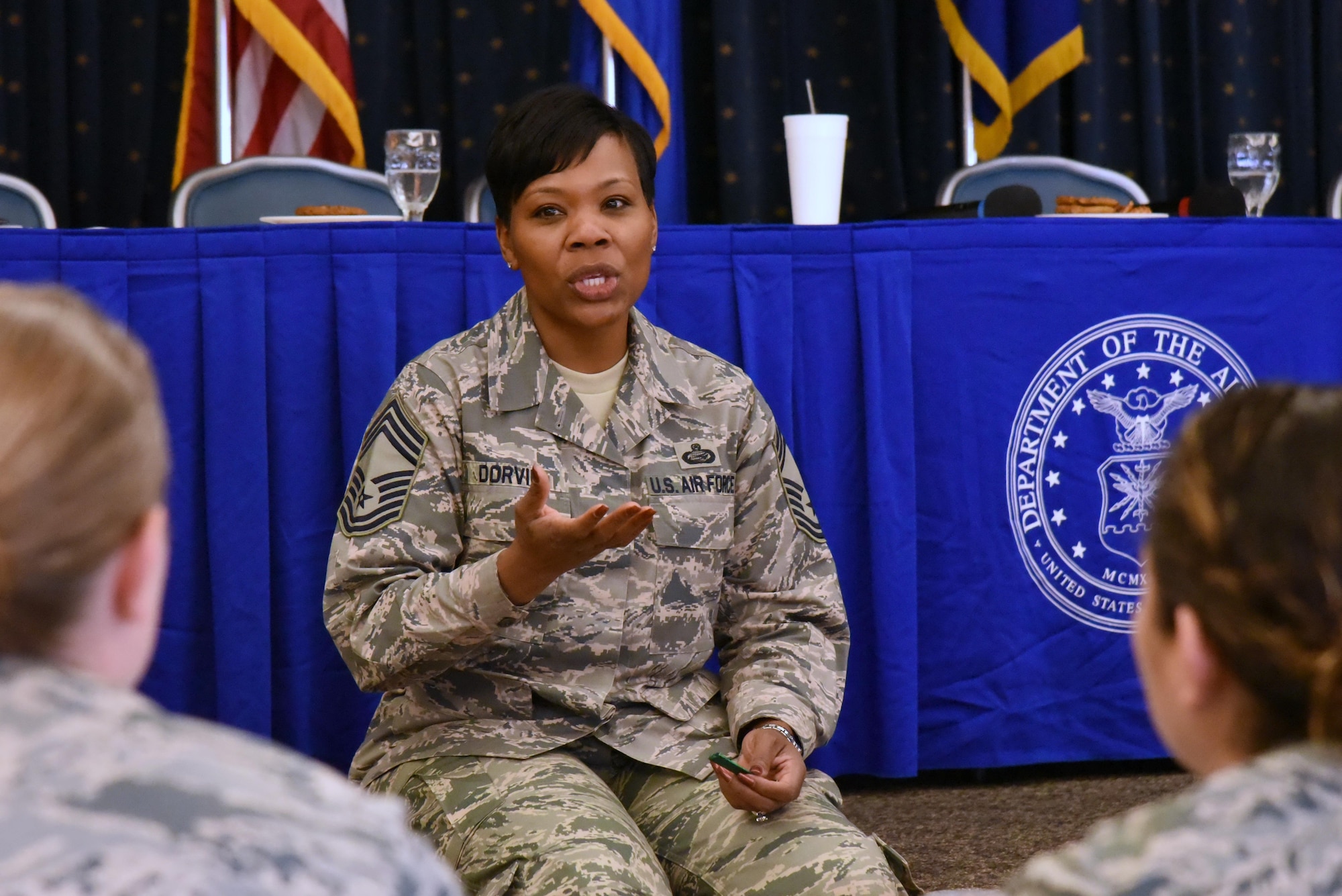 Chief Master Sgt. Janna Dorvil, Air Force Enlisted Diversity chief, answers a question at the second 20th Air Force Women’s Leadership Symposium at Kirtland Air Force Base, N.M., Sept. 28, 2016. Senior leaders mentored both male and female junior Airmen and stressed the importance of increasing diversity within the Air Force. The three-day event supports 20th AF’s goal to coach, train and mentor nuclear professionals and leaders, while developing a nuclear command environment that fosters understanding, respect and the support necessary for people to thrive. (U.S. Air Force photo by Ken Moore)