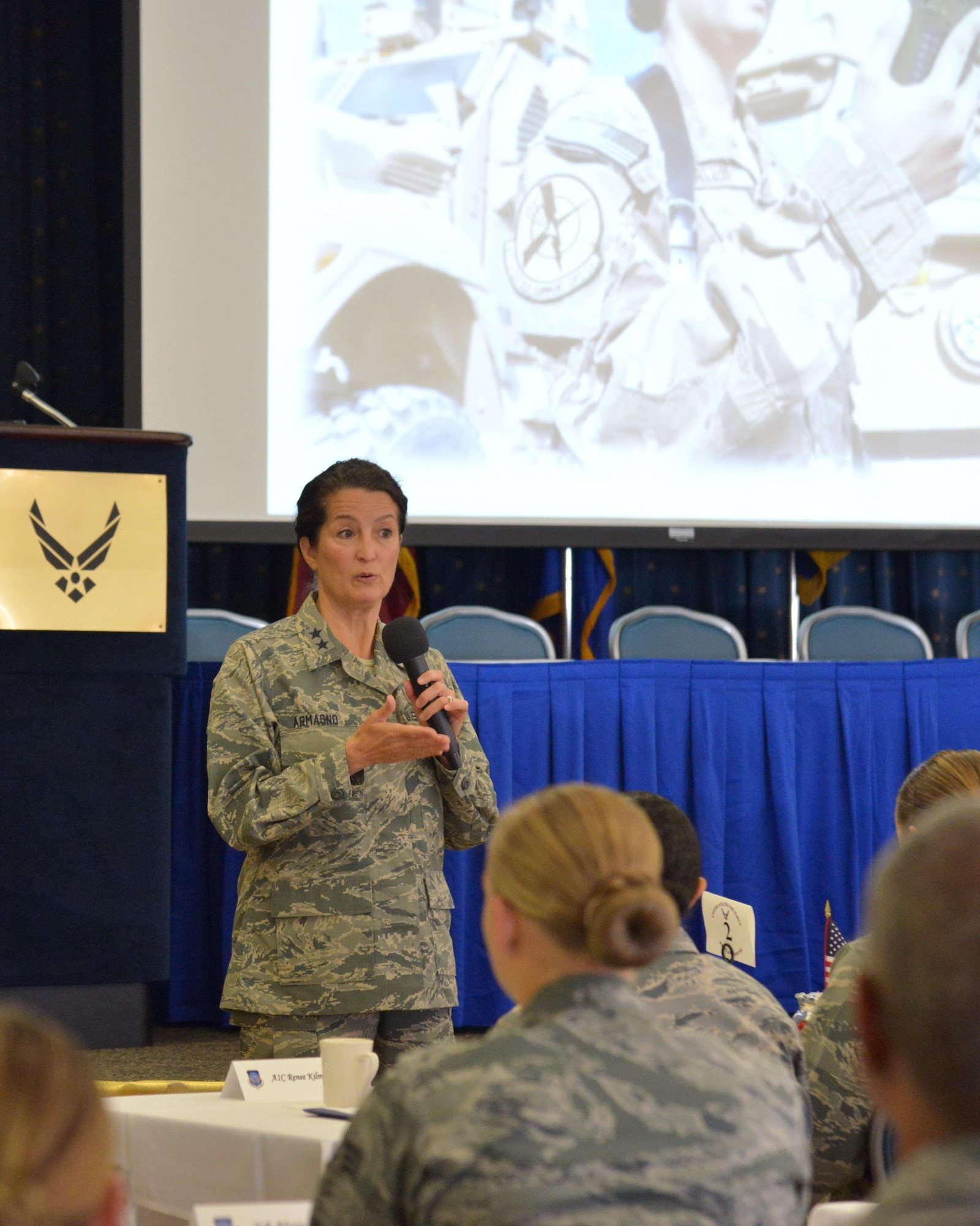 Maj. Gen. Nina Armagno, Strategic Plans, Programs, Requirements and Analysis, Headquarters Air Force Space Command director, Peterson Air Force Base, Colo., shares her experiences of persevering through challenges at the second 20th Air Force Women’s Leadership Symposium at Kirtland Air Force Base, N.M., Sept. 28, 2016. Armagno detailed her own military career and answered questions from Airmen in the audience. The three-day event supports 20th AF’s goal to coach, train and mentor nuclear professionals and leaders, while developing a nuclear command environment that fosters understanding, respect and the support necessary for people to thrive. (U.S. Air Force photo by Jamie Burnett)