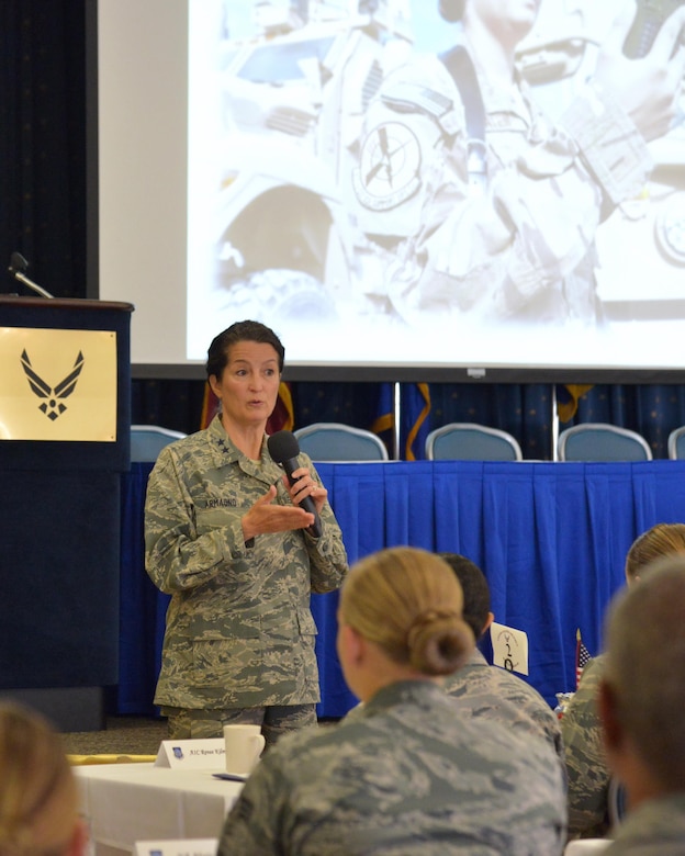 Maj. Gen. Nina Armagno, Strategic Plans, Programs, Requirements and Analysis, Headquarters Air Force Space Command director, Peterson Air Force Base, Colo., shares her experiences of persevering through challenges at the second 20th Air Force Women’s Leadership Symposium at Kirtland Air Force Base, N.M., Sept. 28, 2016. Armagno detailed her own military career and answered questions from Airmen in the audience. The three-day event supports 20th AF’s goal to coach, train and mentor nuclear professionals and leaders, while developing a nuclear command environment that fosters understanding, respect and the support necessary for people to thrive. (U.S. Air Force photo by Jamie Burnett)