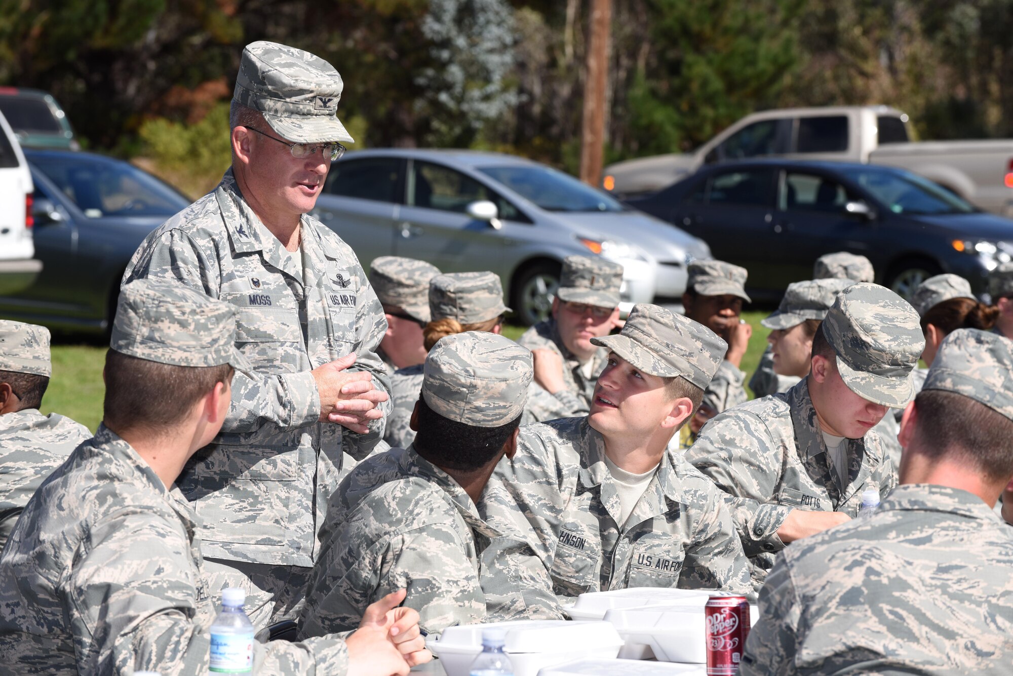 Col. Christopher Moss, 30th Space Wing commander, speaks with Airmen during a military appreciation barbeque, Oct. 4, 2016, Vandenberg Air Force Base, Calif. More than 1,100 Team V personnel were served meals during the event, which was organized by the Military Affairs Committee of Lompoc. 