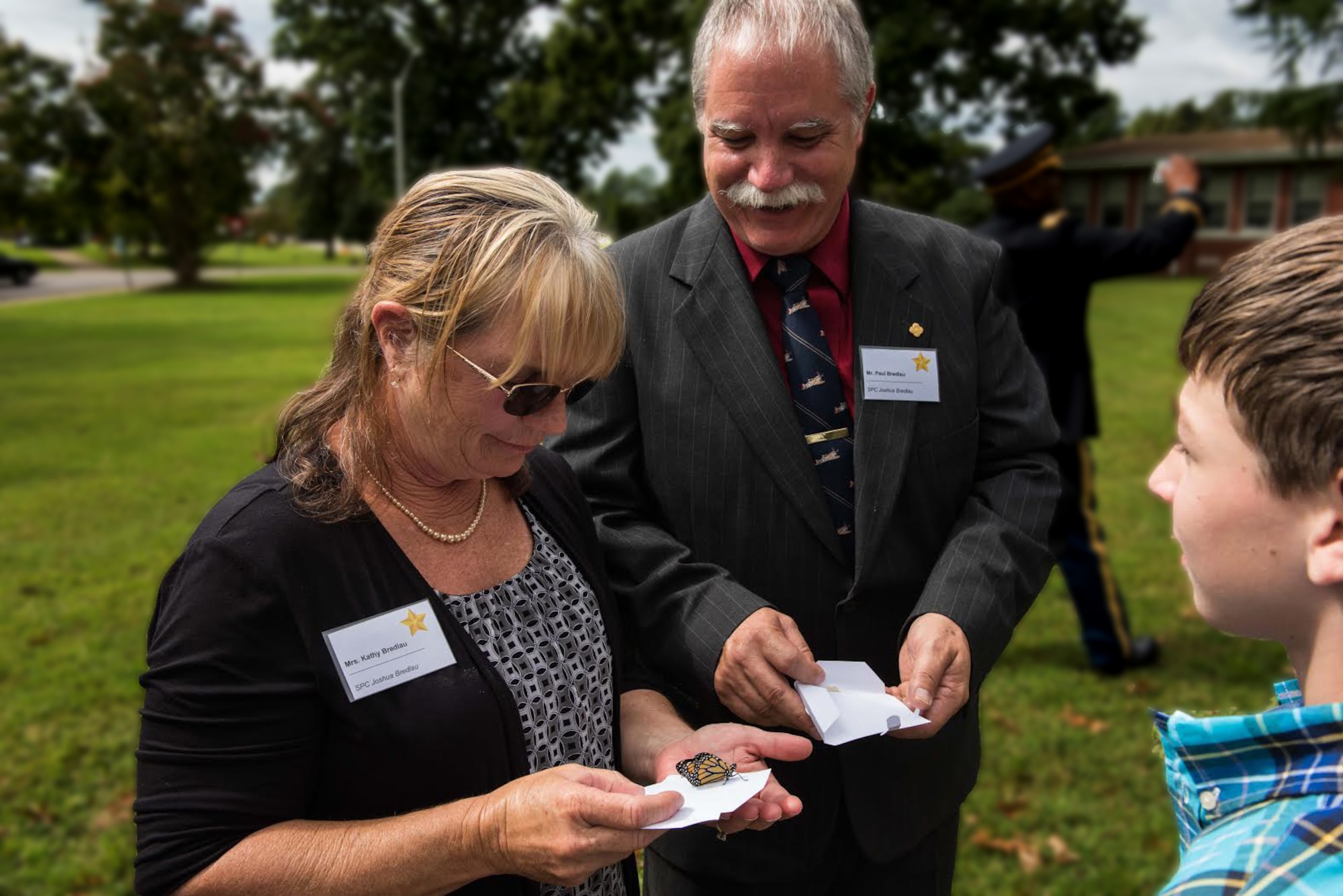 Kathryn and Paul Bredlau parents of deceased U.S. Army Spc. Joshua Bredlau, release their monarch butterflies during the Gold Star Mother’s Day butterfly release outside the Fort Eustis Chapel at Joint Base Langley-Eustis, Va., Sept. 25, 2016. Survivor Outreach Program is an Army-wide program that provides dedicated and comprehensive support to survivors of deceased Soldiers. (U.S. Air Force photo by Staff Sgt. J.D. Strong II)