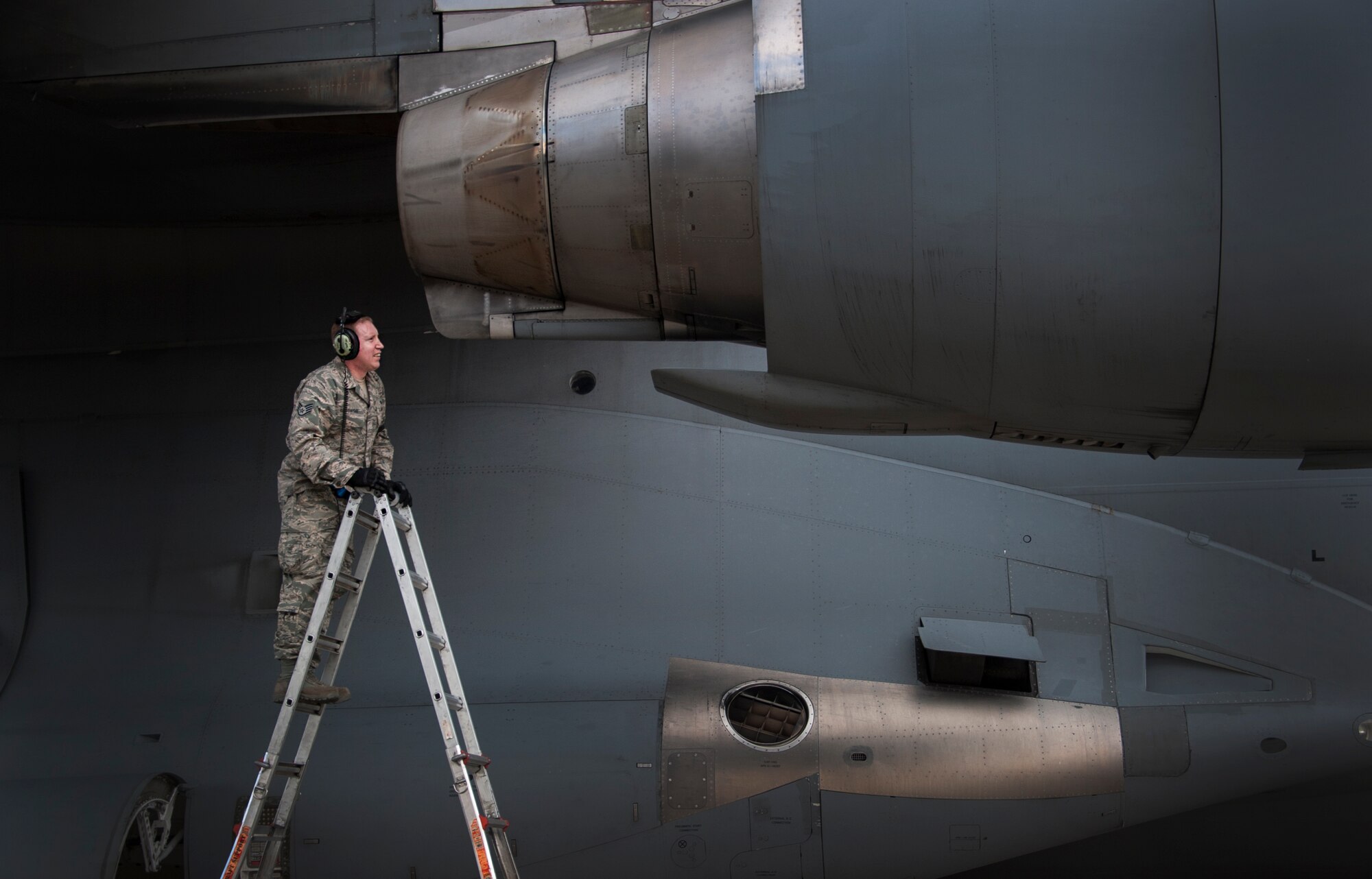 Staff Sgt. Jospeh Gutowski, a crew chief for the 305th Air Mobility Wing, checks the inside of a C-17 Globemaster III engine for debris on Joint Base McGuire-Dix-Lakehurst, N.J., Oct. 3, 2016. Gutowski was recently awarded the Thomas N. Barnes Crew Chief of the Year Award, and recognized at the Air Mobility Command level.