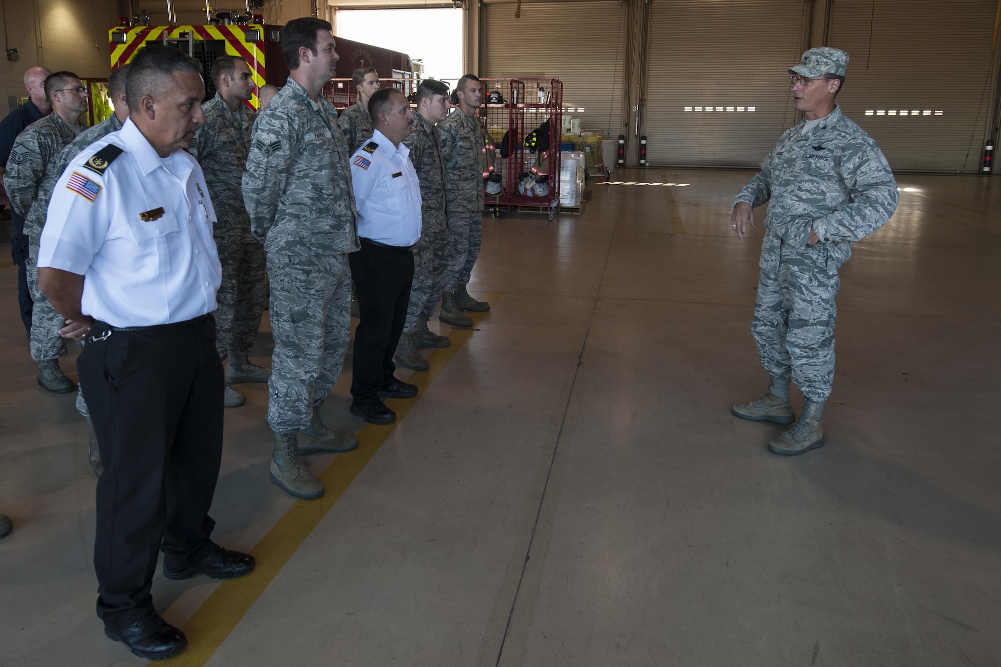Col. Tom Palenske, commander of the 1st Special Operations Wing, speaks to fire department personnel with the 1st Special Operations Civil Engineer Squadron at Hurlburt Field, Fla., Oct. 5, 2016. Hurlburt fire department personnel responded to more than 530 emergencies in 2016 including in-flight emergencies, alarms, medical emergencies, vehicle fires and an on-base fire. (U.S. Air Force photo by Airman 1st Class Joseph Pick)