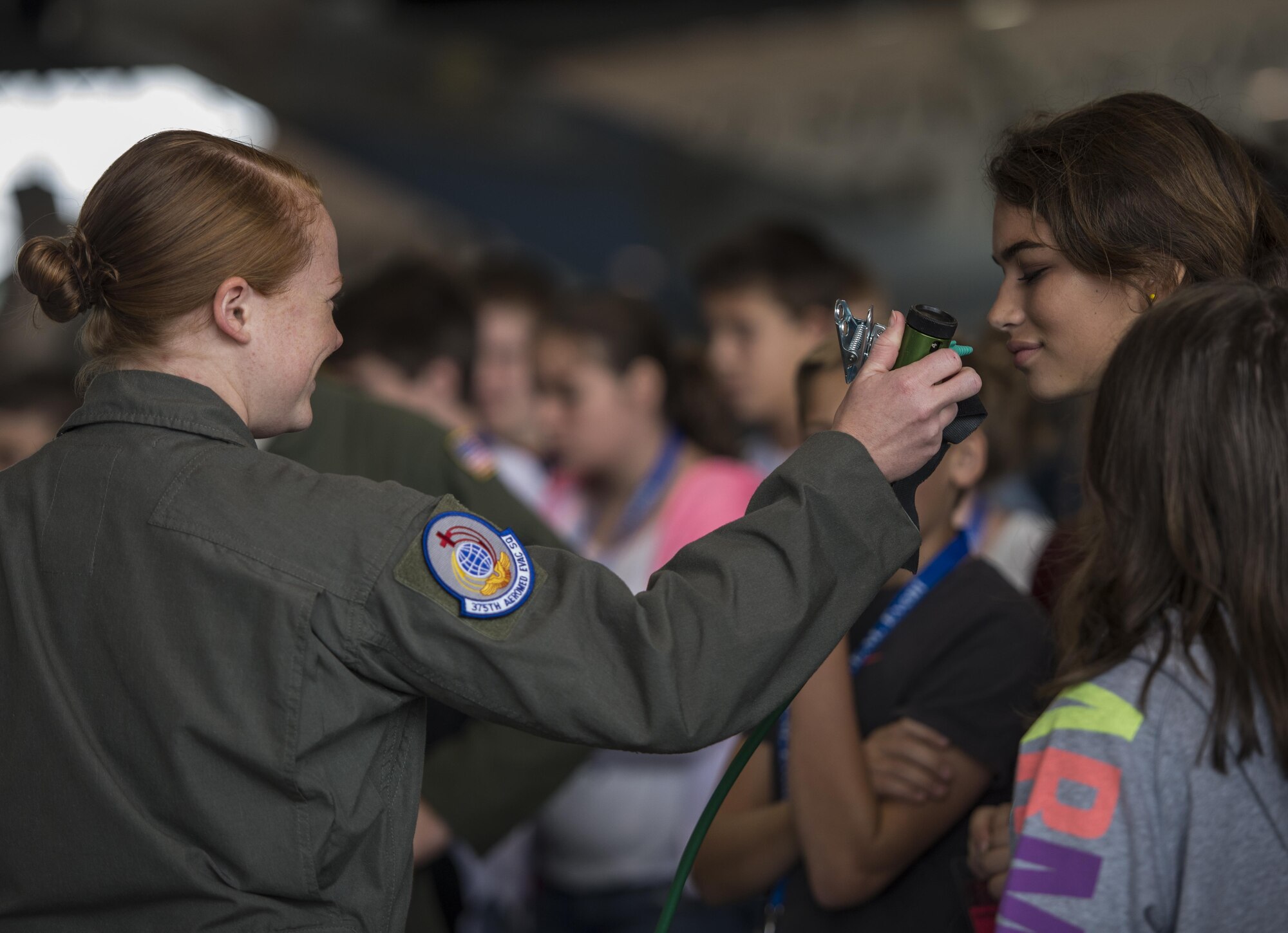 Senior Airman Rebecca Stillin, 375th Aeromedical Evacuation Squadron, demonstrates how her unit tests equipment for replacement. 