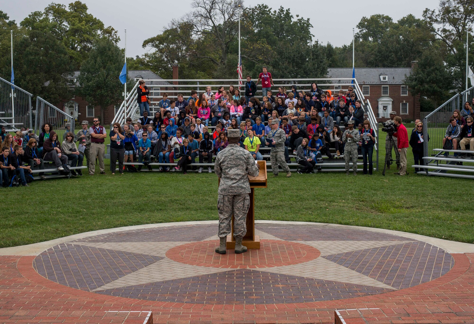 Col. Terrence Adams, 375th Communications Group Commander, gives the closing remarks for Scott Air Force Base's Science, Technology, Engineering, and Math education event on Sept. 29, 2016.