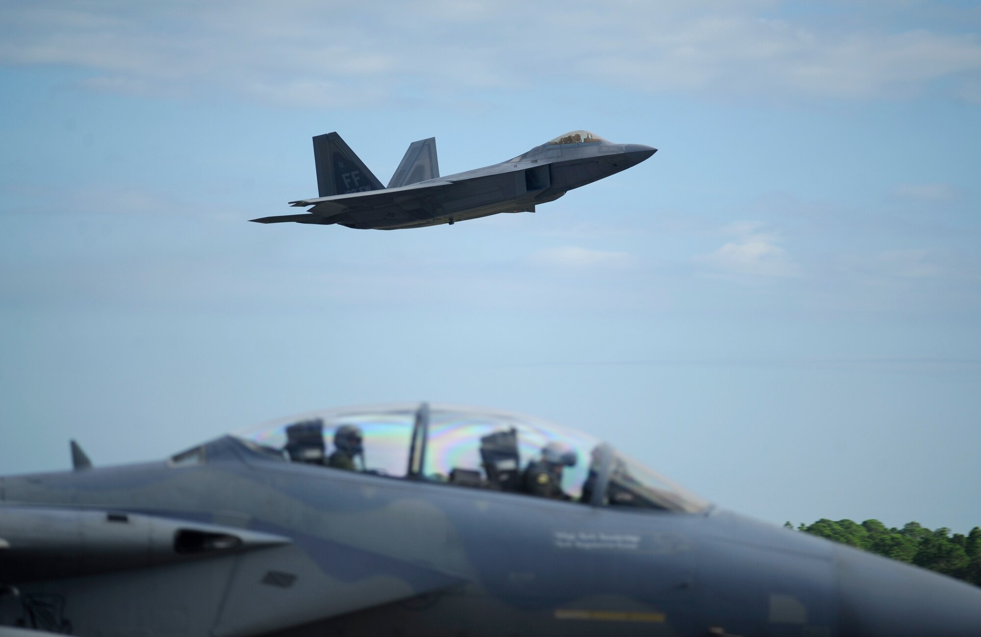 An F-22 Raptor from Joint Base Langley-Eustis’ 192nd Fighter Wing flies during Combat Archer, the U.S. Air Force's air-to-air Weapons System Evaluation Program, at Tyndall Air Force Base, Fla., Sept. 16, 2016. The 27th Fighter Squadron and 192nd Fighter Wing participated in the program which serves to evaluate aircraft, weapons, and the Airmen operating and maintaining these items. (U.S. Air Force photo by Senior Airman Solomon Cook)