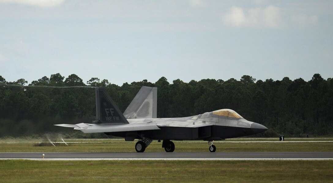 An F-22 Raptor from Joint Base Langley-Eustis’ 192nd Fighter Wing taxis down the runway during Combat Archer, the U.S. Air Force's air-to-air Weapons System Evaluation Program, at Tyndall Air Force Base, Fla., Sept. 16, 2016. JBLE’s Airmen received a 91 percent mission capable rate, higher than the home station average near the 70 percentile range. (U.S. Air Force photo by Senior Airman Solomon Cook)