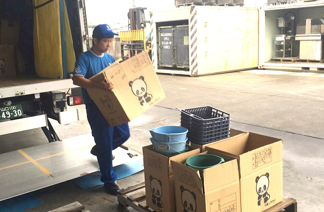 Furnishings from the Marine Corps’ old Temporary Lodging Facility at Iwakuni, Japan, arrive at DLA Disposition Services.