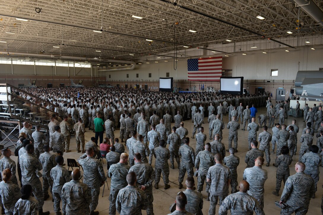 Nearly 4,000 Airman listen to Maj. Gen. Robert Labrutta, 2nd Air Force commander, share his story and leadership philosophy at Sheppard Air Force Base, Texas, Oct. 4, 2016. Labrutta visited Sheppard for his initial immersion tour after taking command of the 2nd Air Force. (U.S. Air Force photo by Senior Airman Kyle E. Gese)