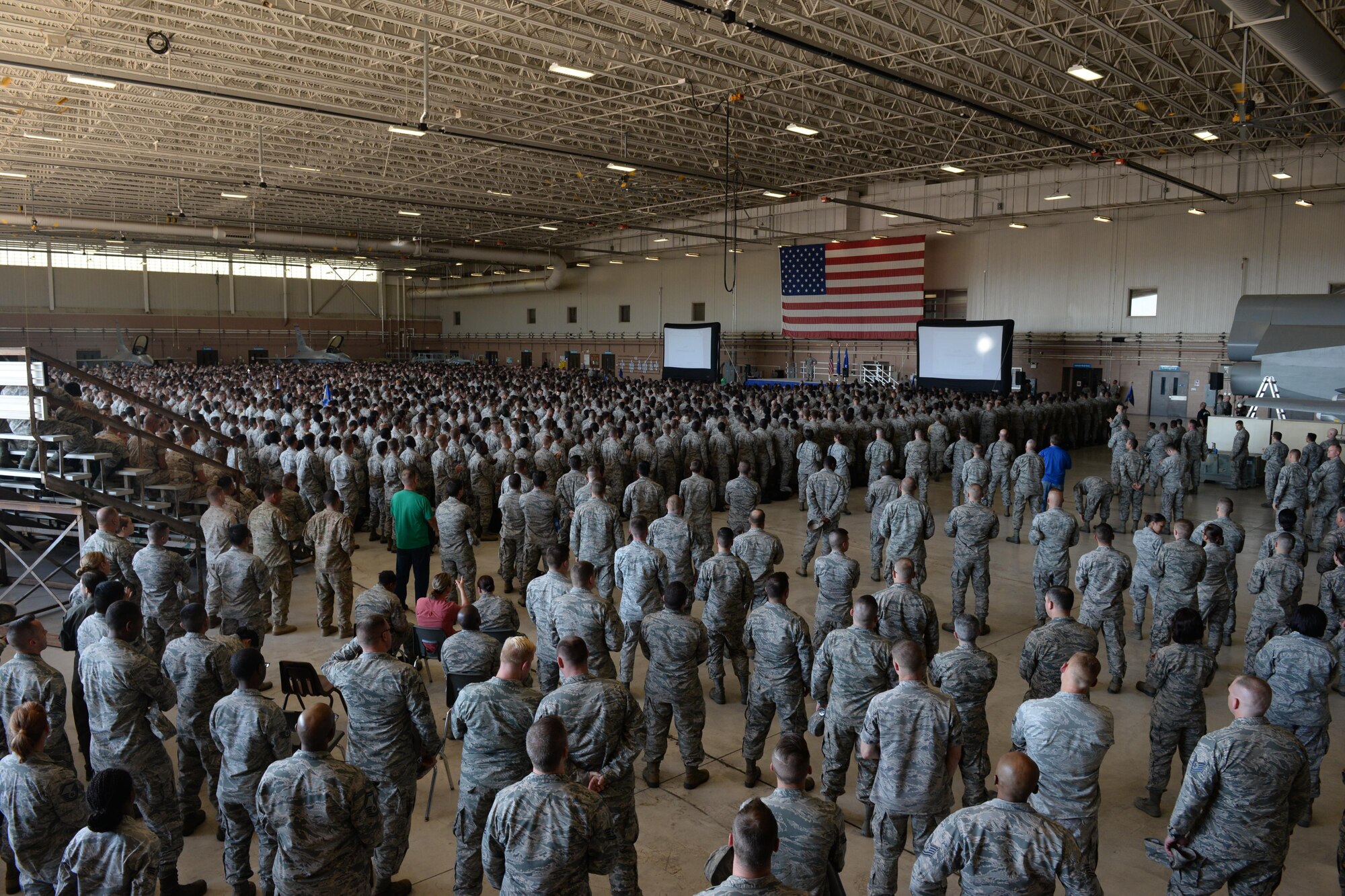 Nearly 4,000 Airman listen to Maj. Gen. Robert Labrutta, 2nd Air Force commander, share his story and leadership philosophy at Sheppard Air Force Base, Texas, Oct. 4, 2016. Labrutta visited Sheppard for his initial immersion tour after taking command of the 2nd Air Force. (U.S. Air Force photo by Senior Airman Kyle E. Gese)